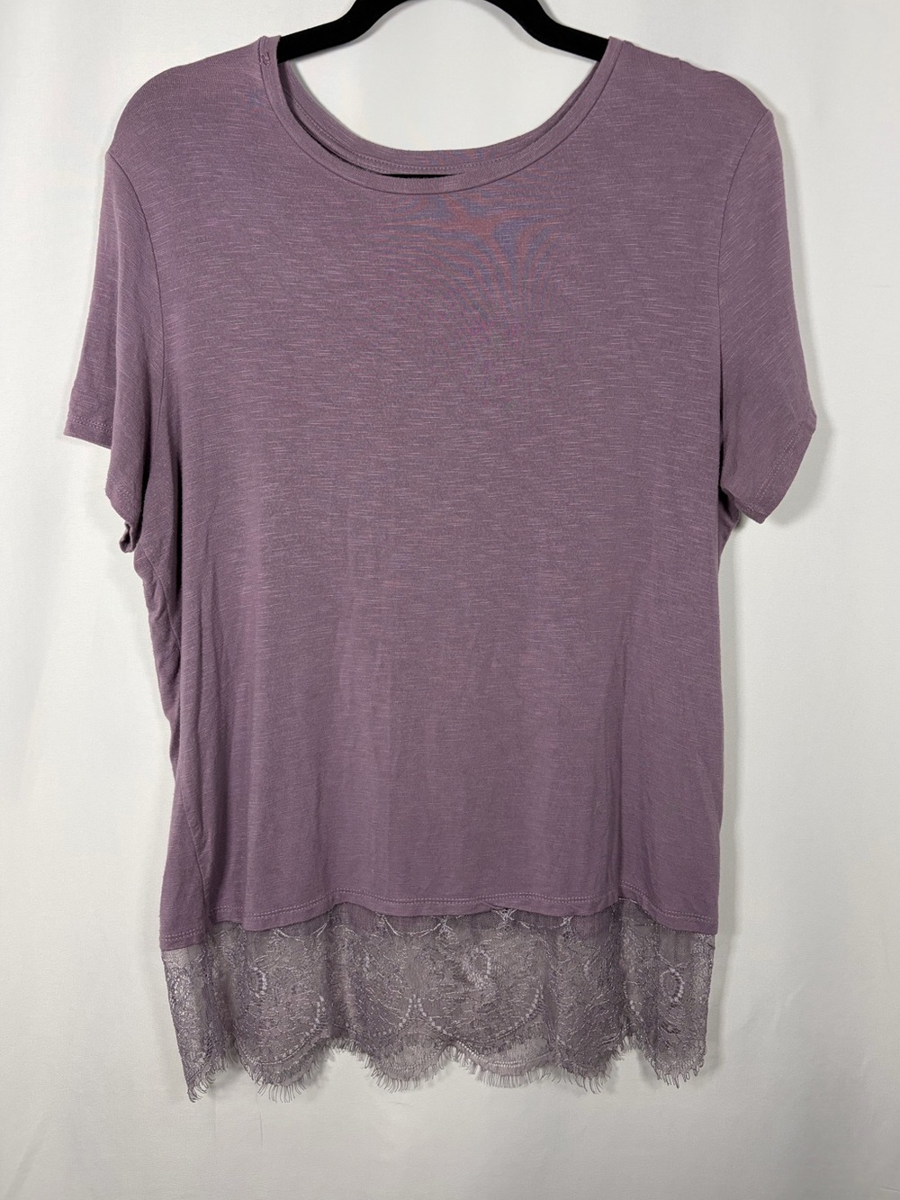 Purple Layered Lace Top Soft Whimsical Short Sleeve Scoop Neckline T-Shirt Large